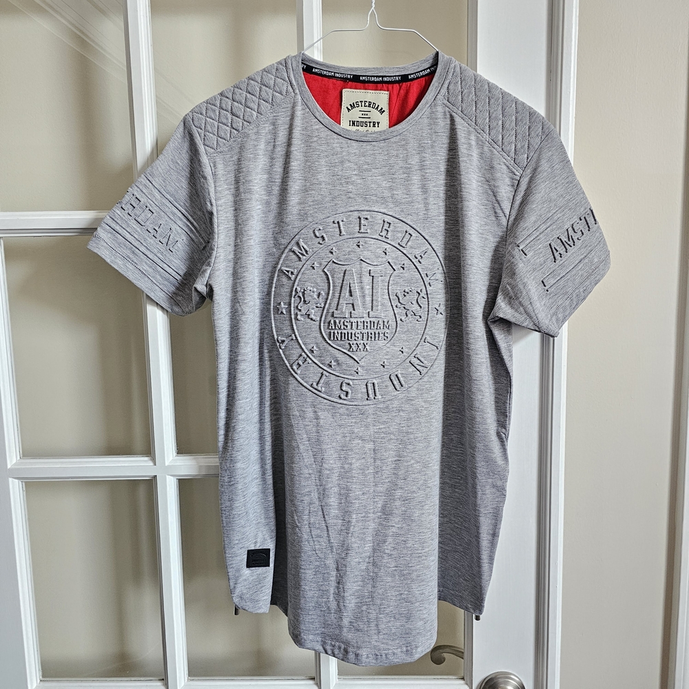 Amsterdam Graphic Grey Men's T-shirt LARGE Embossed Total Dutch Short Sleeve